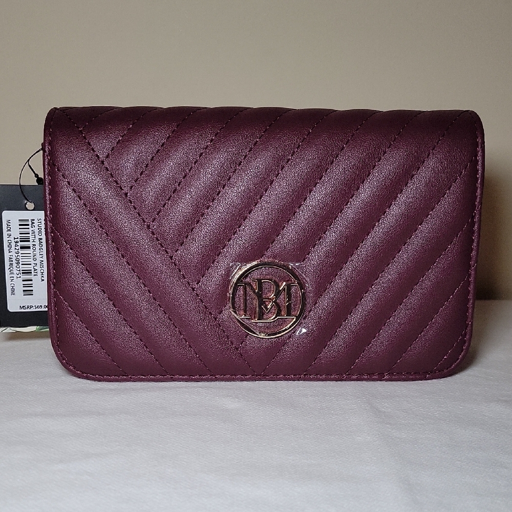 Studio Badgley Mischka Plum Vegan Leather Chevron Quilted Crossbody Bag